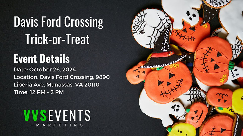 Cover art for Davis Ford Crossing Trick or Treat 2024, showcasing a vibrant Halloween theme with pumpkins, candy, and festive decorations. The text includes event details: "Join us for a spooktacular event on October 26, 2024, at Davis Ford Crossing, Manassas, VA, from 12 PM - 2 PM. Enjoy activities such as a premium candy crawl, Jibbitz BOO-tique, fall-themed photo op, balloon artist, Brick City Lego Building Zone, and live DJ music. Bring your family and friends for a fun-filled day!" The image is designed to capture the excitement and community spirit anticipated for this Halloween event