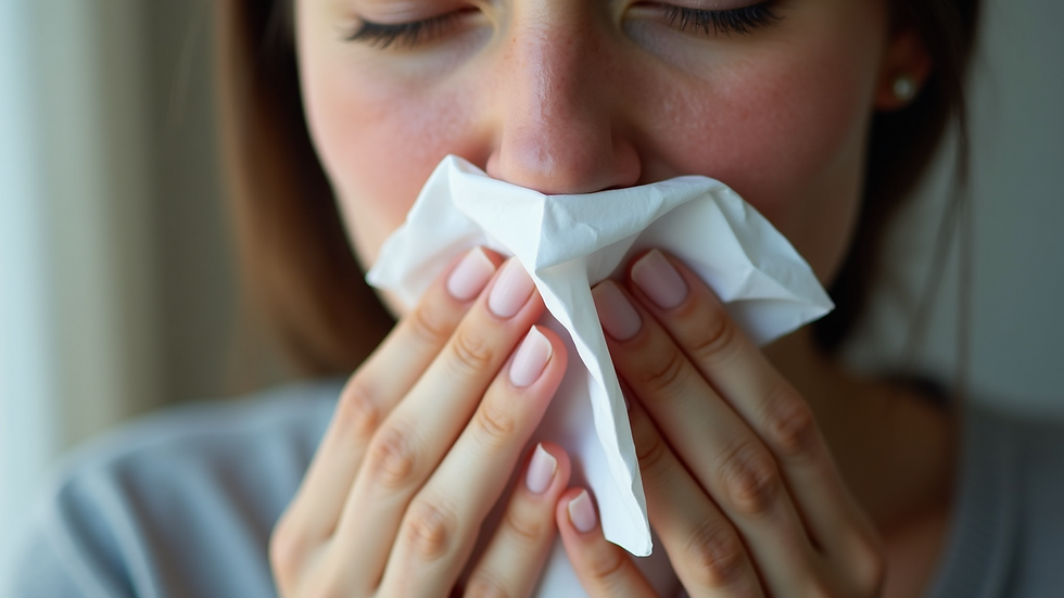 Close-up view of a person holding a tissue while sneezing due to allergies