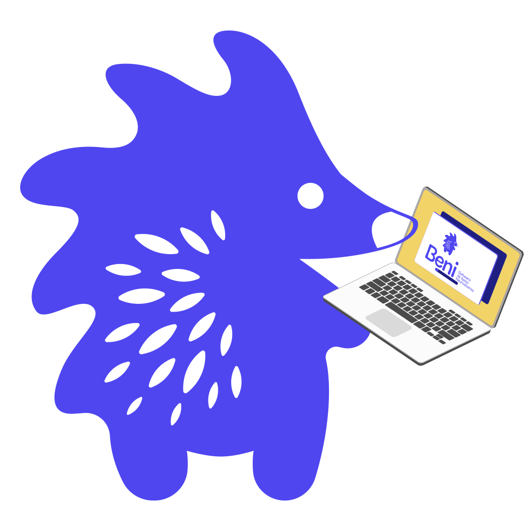 Porco espinho, mascote do Beni, com um notebook acessando o Beni em mãos.