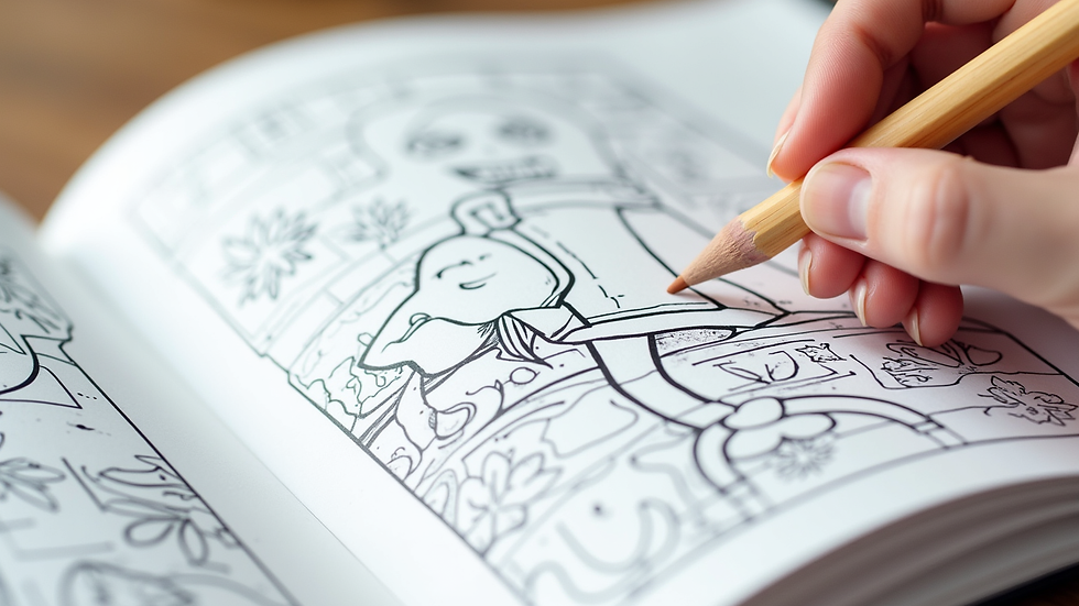 Close-up view of a Bobbie Goods coloring book page with bold outlines and playful illustrations