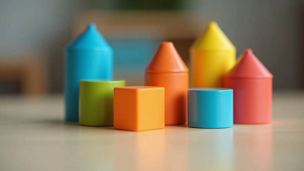 Close-up view of a colorful building block set arranged on a table