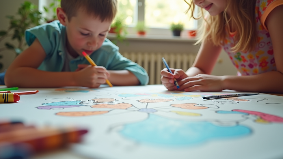 Eye-level view of a child’s creative art space with crayons and coloring books