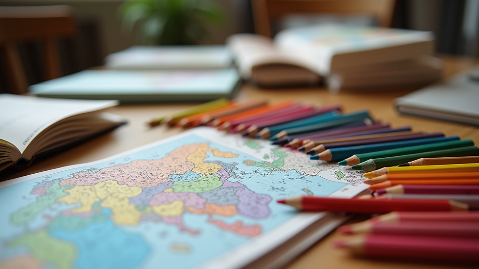 High angle view of a colorful collection of crayons and coloring books on a table