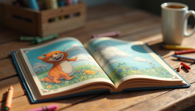 Eye-level view of a colorful children's storybook open on a wooden table with crayons scattered around