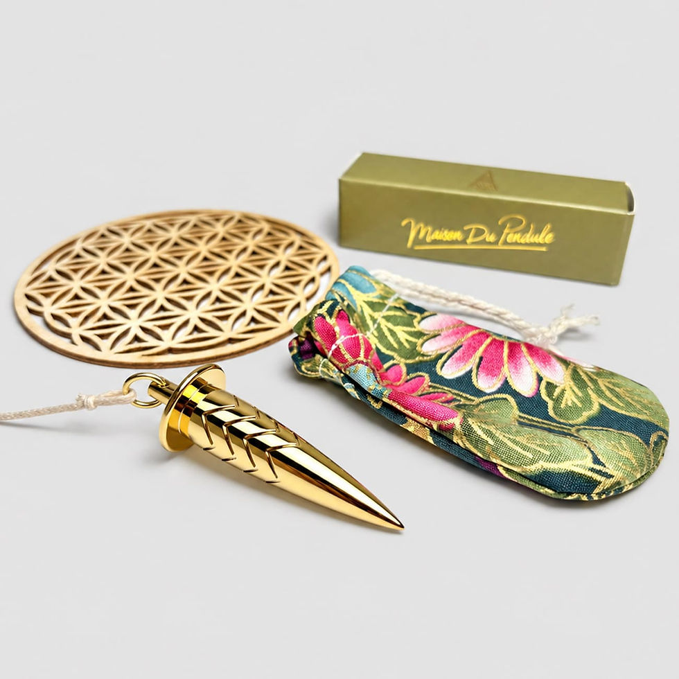 Pendule divinatoire en laiton doré avec fleur de vie, pochette fleurie et boîte Maison du Pendule