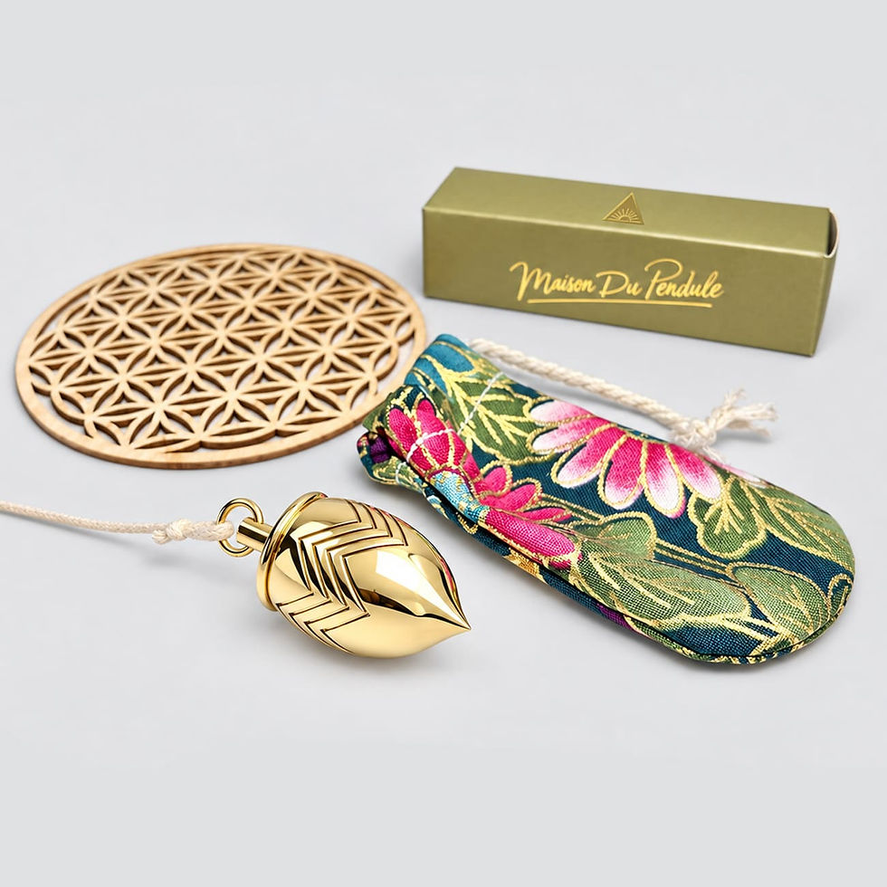 Pendule divinatoire en laiton doré avec pochette fleurie, fleur de vie et boîte Maison du Pendule