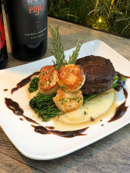 Steak, Potatoes, and Scallops