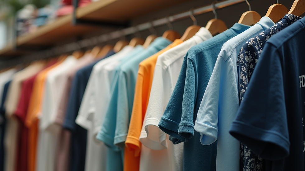 Close-up view of printed custom t-shirts on display