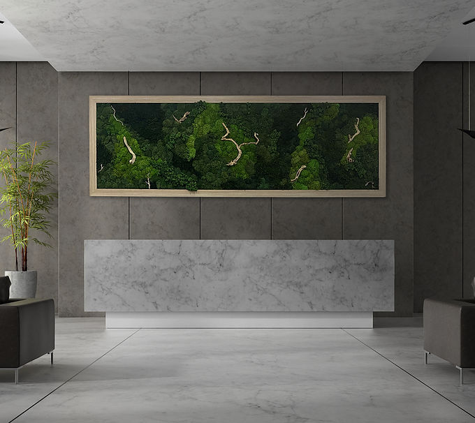 moss wall art hanging on the wall behind the check in desk at a hotel