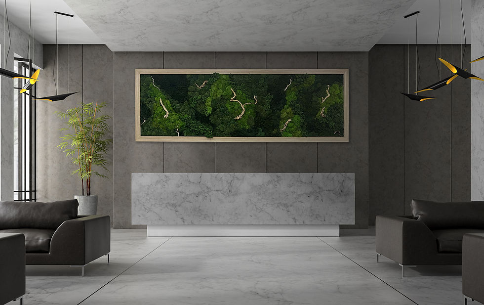 Thumbnail: Large preserved moss wall hanging on a wall above check in desk at a hotel