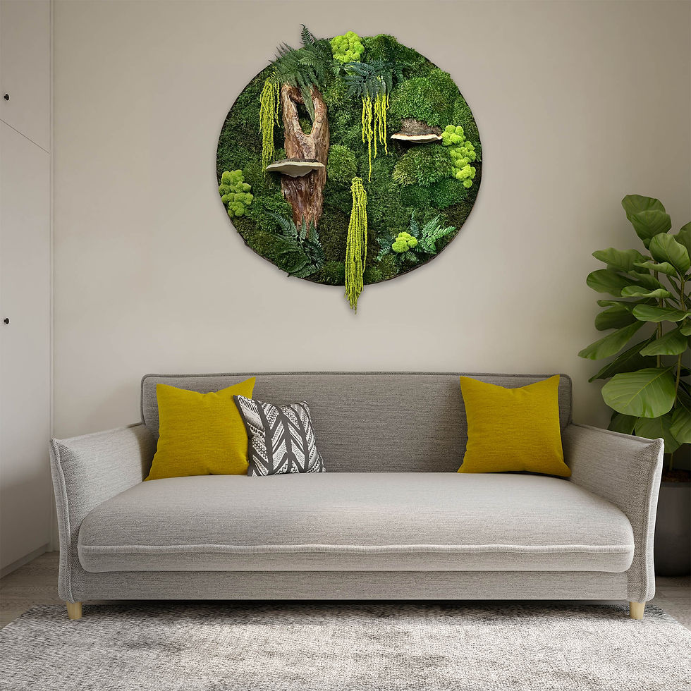 Thumbnail: green moss wall décor hanging on a wall above a beige sofa
