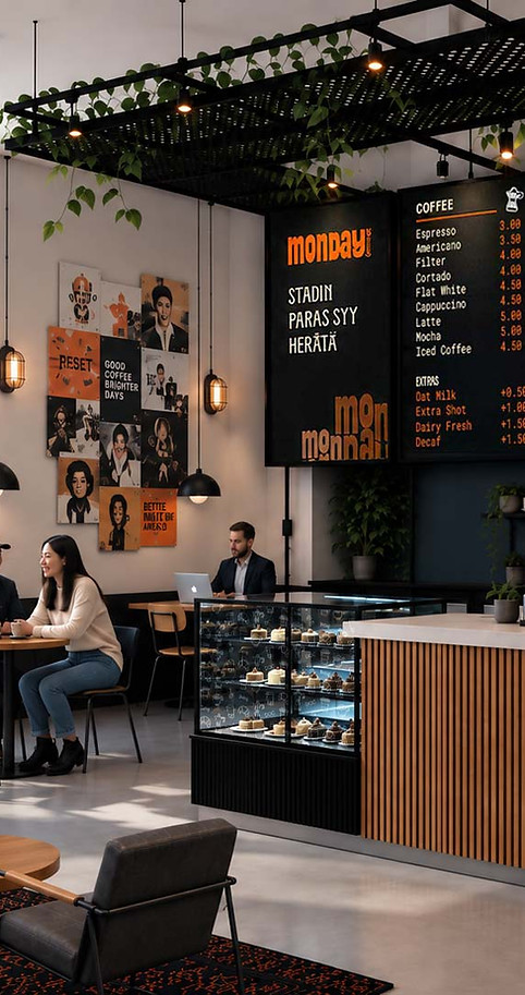 Monday Coffee Co:n visuaalisen ilmeen soveltaminen kahvilatilaan, opasteisiin ja menutauluihin.