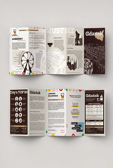 Gdańsk-aiheisen matkailuesitteen taitto ja visuaalinen suunnittelu.