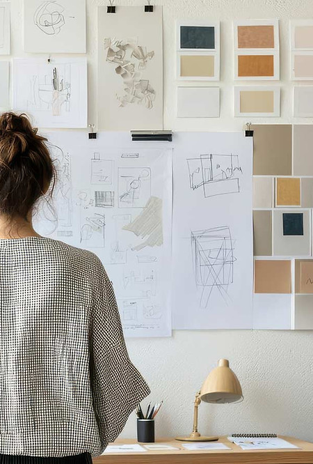Suunnittelija tarkastelee visuaalisia materiaaleja seinälle kootun moodboardin edessä.
