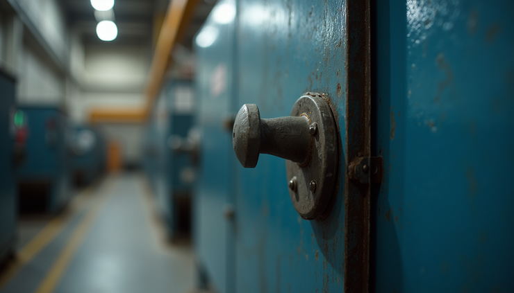 Close-up view of a manual blast gate installed on a metal duct