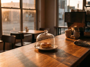 A single donut under a glass dome on an empty coffee shop counter at sunset. AI-generated image.