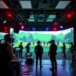 Film crew shooting on a virtual production stage with a large LED screen showing a digital landscape.