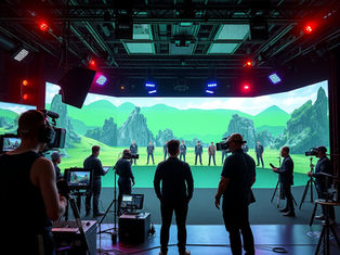 Film crew shooting on a virtual production stage with a large LED screen showing a digital landscape.