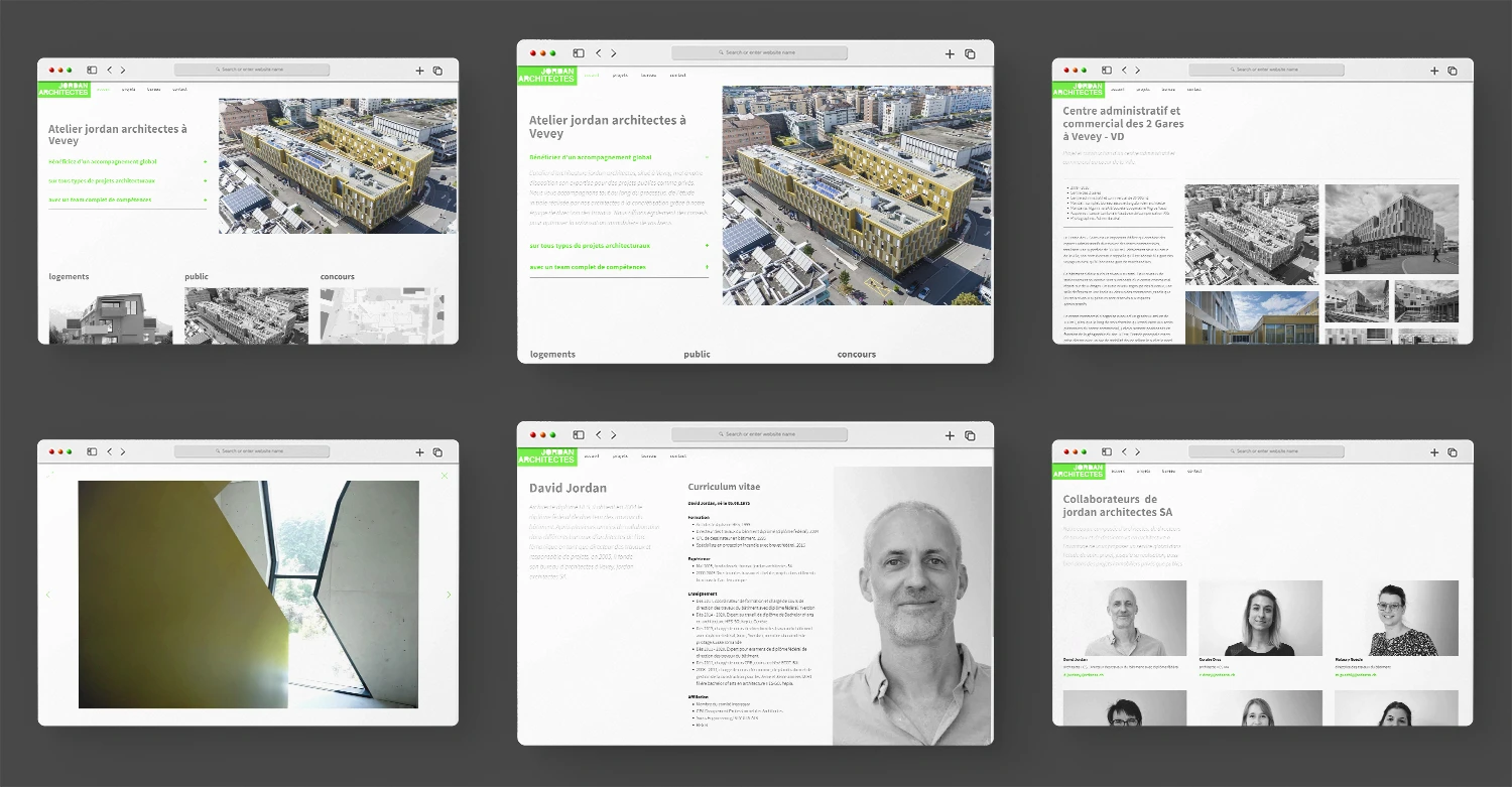 Web design des pages en mode écran d'ordinateur pour le site jordansa.ch par Experientiel