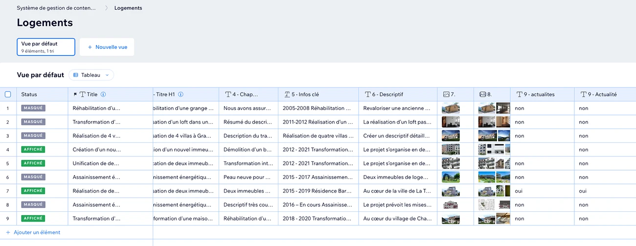 Vue du tableau contenant les champs qui constituent le contenu texte et images de la page de présentation d'un projet de jordan architectes