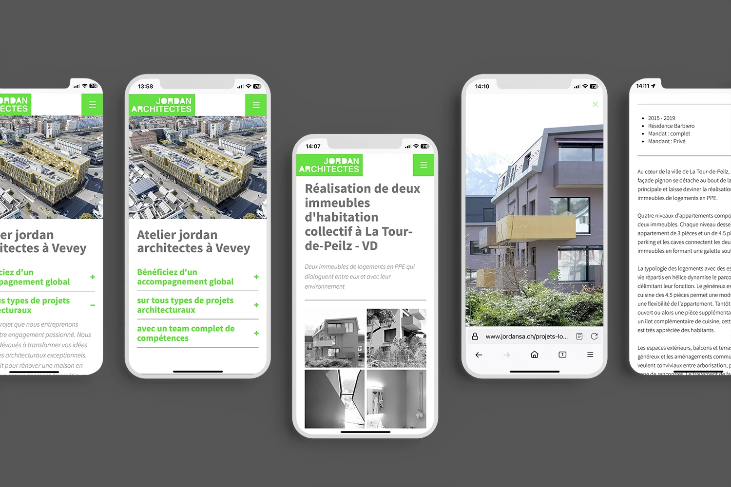 Web design des pages en mode smartphone du site jordansa.ch par Experientiel
