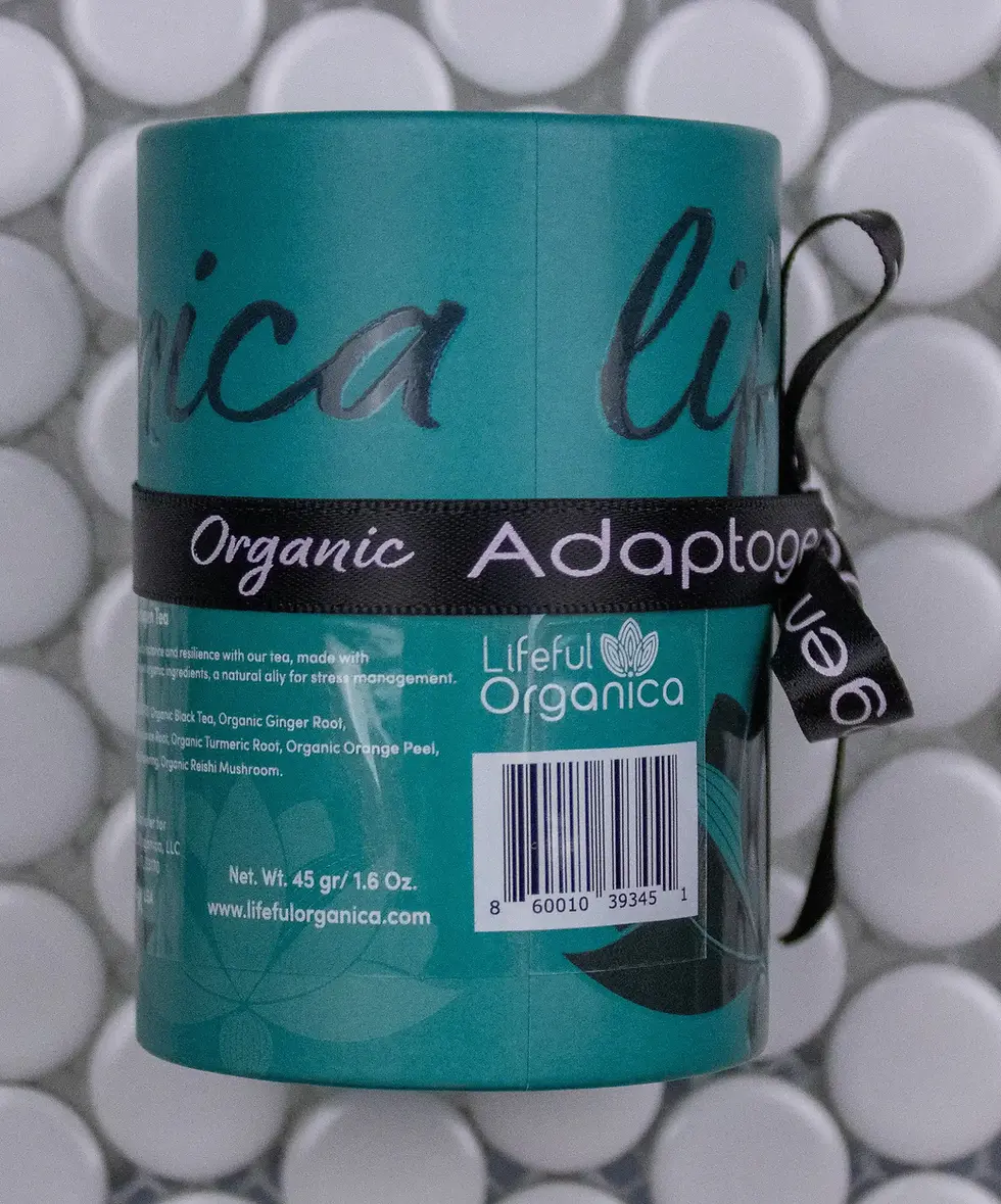 Back label of Adaptogen Blend tea shows ingredients and Lifeful Organica branding.