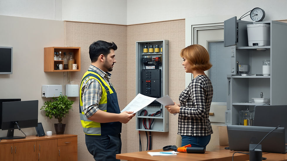 licensed electrician is inspecting a fuse box while discussing paperwork with a homeowner