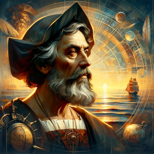DALL·E 2023-12-08 13.23.15 - A reflective portrayal of an older Christopher Columbus, gazing at the horizon, symbolizing his complex legacy, with elements depicting exploration, c.png