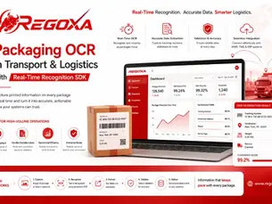 “REGOXA Packaging OCR SaaS banner showing a logistics package beside an AI-powered OCR dashboard, with real-time text recognition, accurate data extraction, validation, seamless integration, and a workflow for capturing, recognizing, extracting, validating, and delivering package information.”