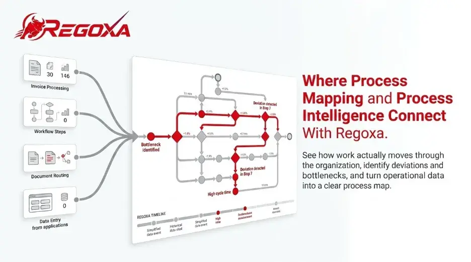 Process mapping visual showing workflow steps, responsibilities, decisions, and process flow in a clear, structured format. 