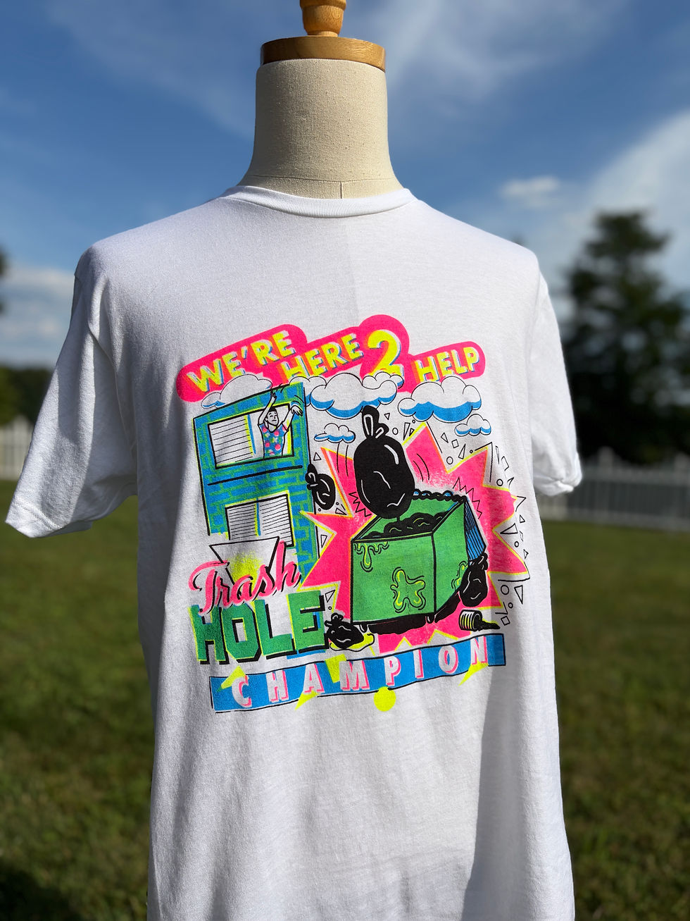 trash hole champion t shirt on mannequin