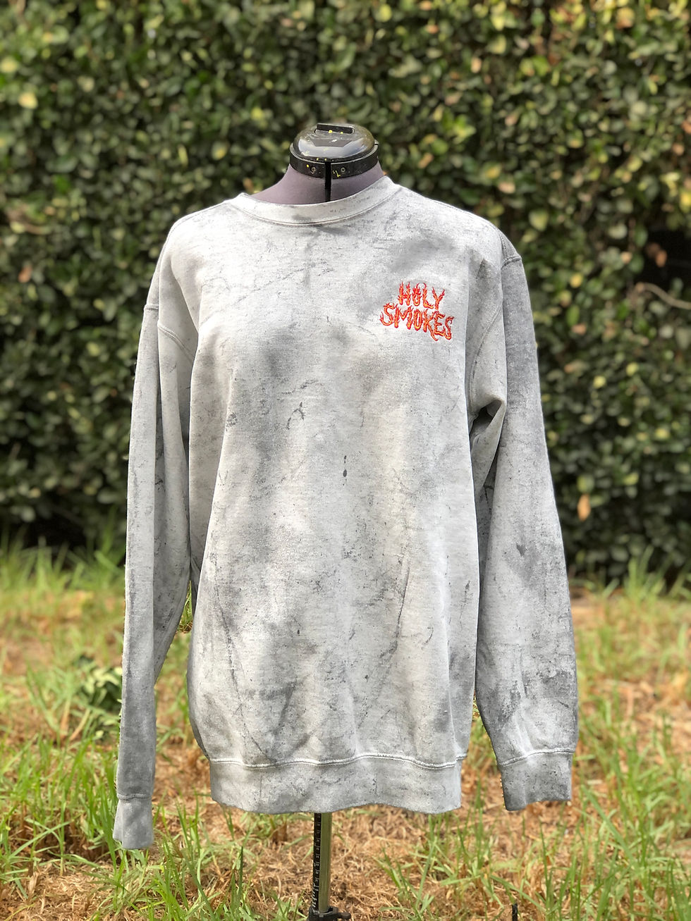 Thumbnail: Gray Holy Smokes sweatshirt on mannequin outdoors
