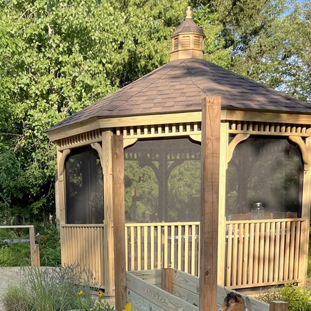 A wooden gazebo.
