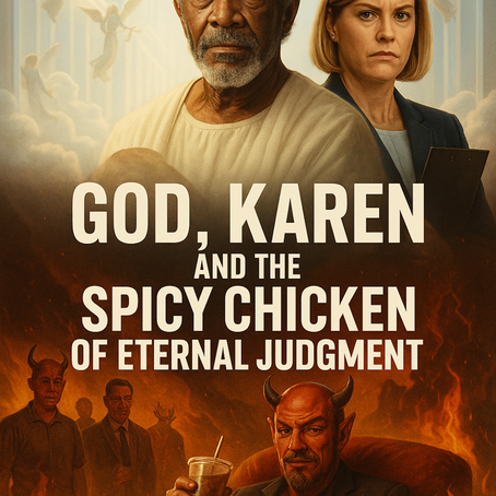 God, Karen, and the Spicy Chicken of Eternal Judgment

A dream I had after mixing unemployment stress with expired gas station sushi and four hours of LinkedIn doomscrolling