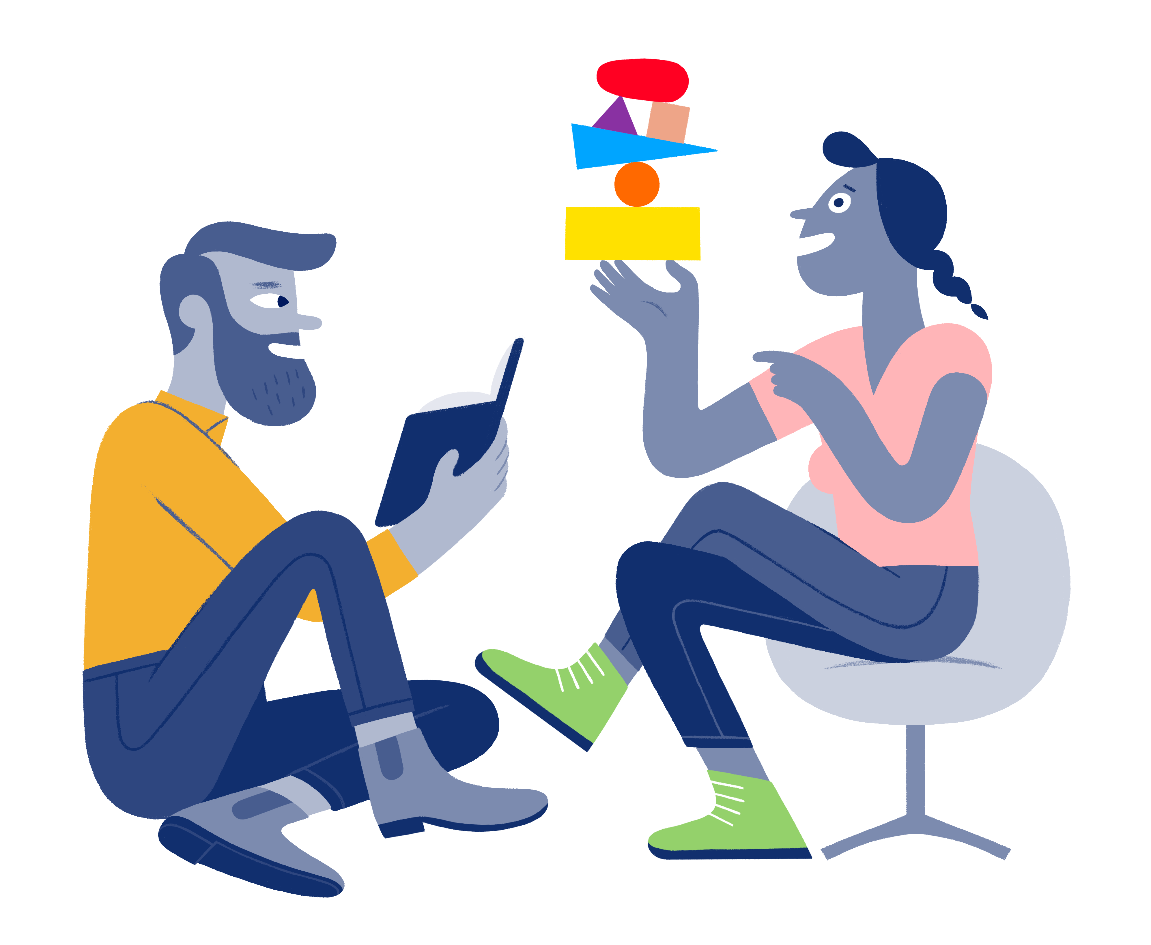 UN HOMME ASSIS ET UNE FEMME SUR UNE CHAISE PARLE DE LA PCM