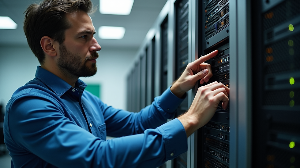 Close-up view of a technician working on a server rack in a small business environment