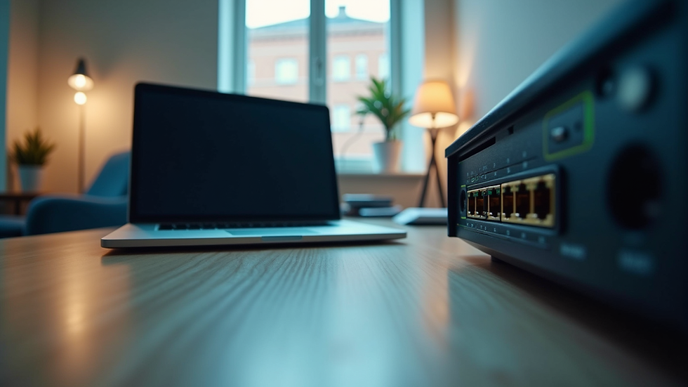 Eye-level view of a small office workspace with a laptop and network equipment