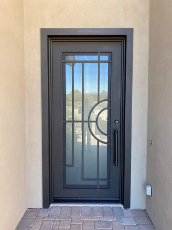 Nori modern iron entry door with straight lines and half-circle accent design