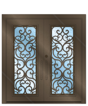 Olivie double iron entry door design – elegant single and double front door ideas with faux arch and square top styles, Made in America aluminum entry doors with classic wrought iron look Prescott, Flagstaff, Show Low, Tucson, AZ