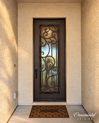 Exterior view of the Janeva Mini Grand aluminum entry door in Rust Texture with AquaTex glass, sized 35-3/4" × 95".