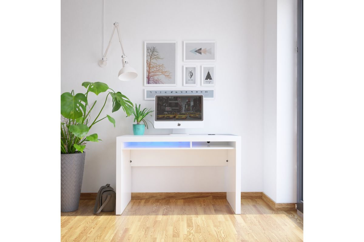 Contemporary High Gloss Desk with USB Charging and LED Lighting