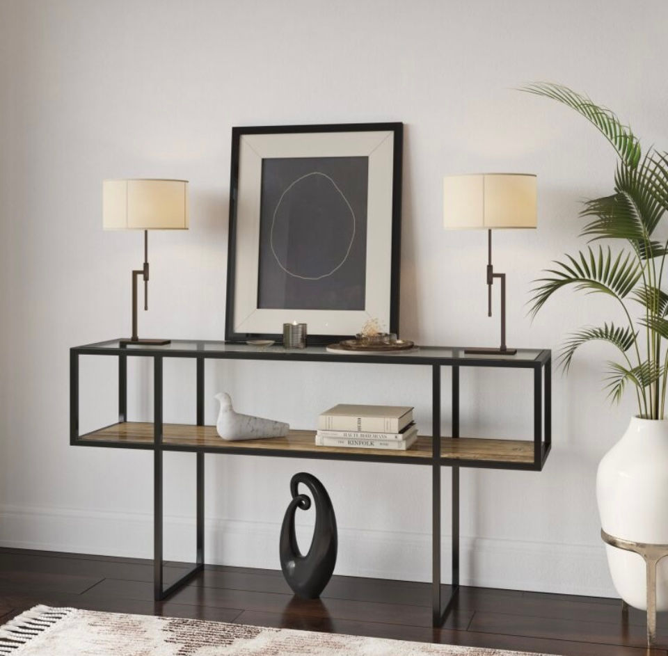 Iron Console Table with Glass Top and Wooden Shelf