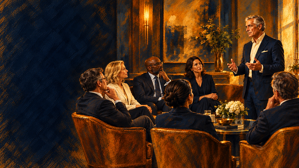 Team engaged in a formal business discussion in a warm, elegant setting.