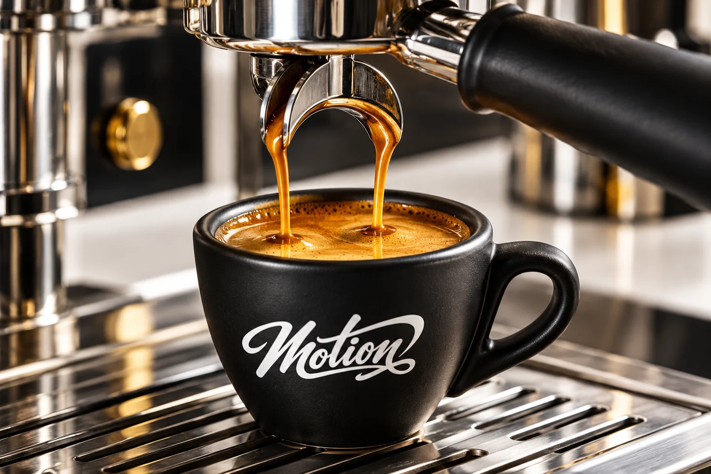 Espresso extraction into a black cup with the white Motion script
