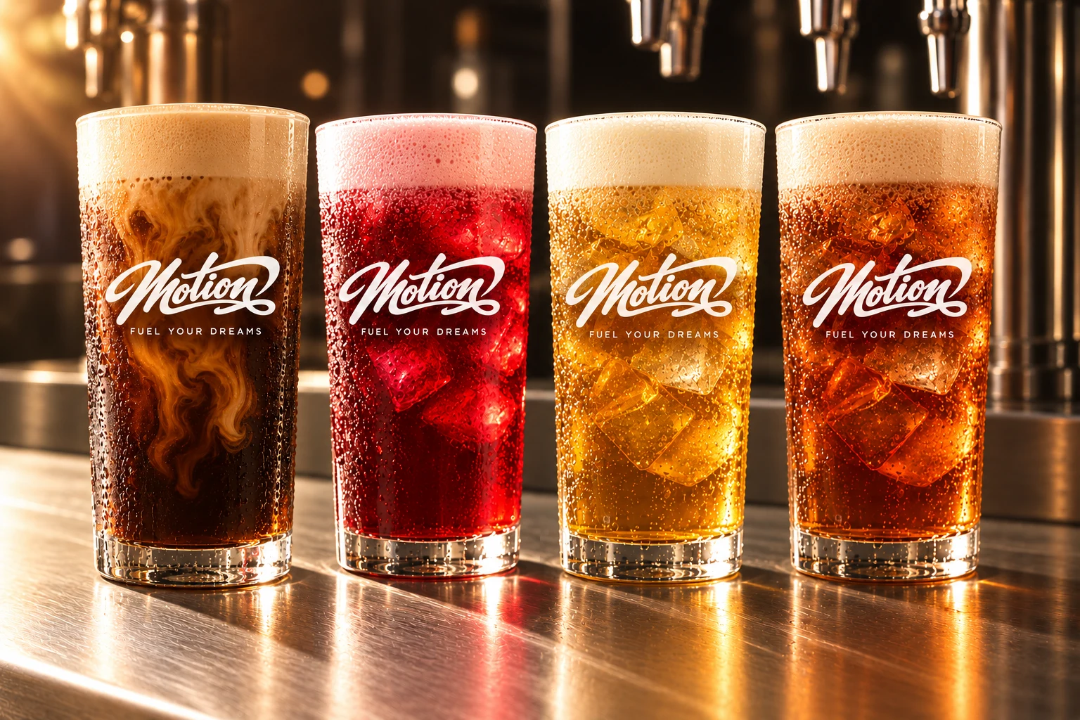 Four Motion coffee and tea drinks with nitro foam and white script glassware