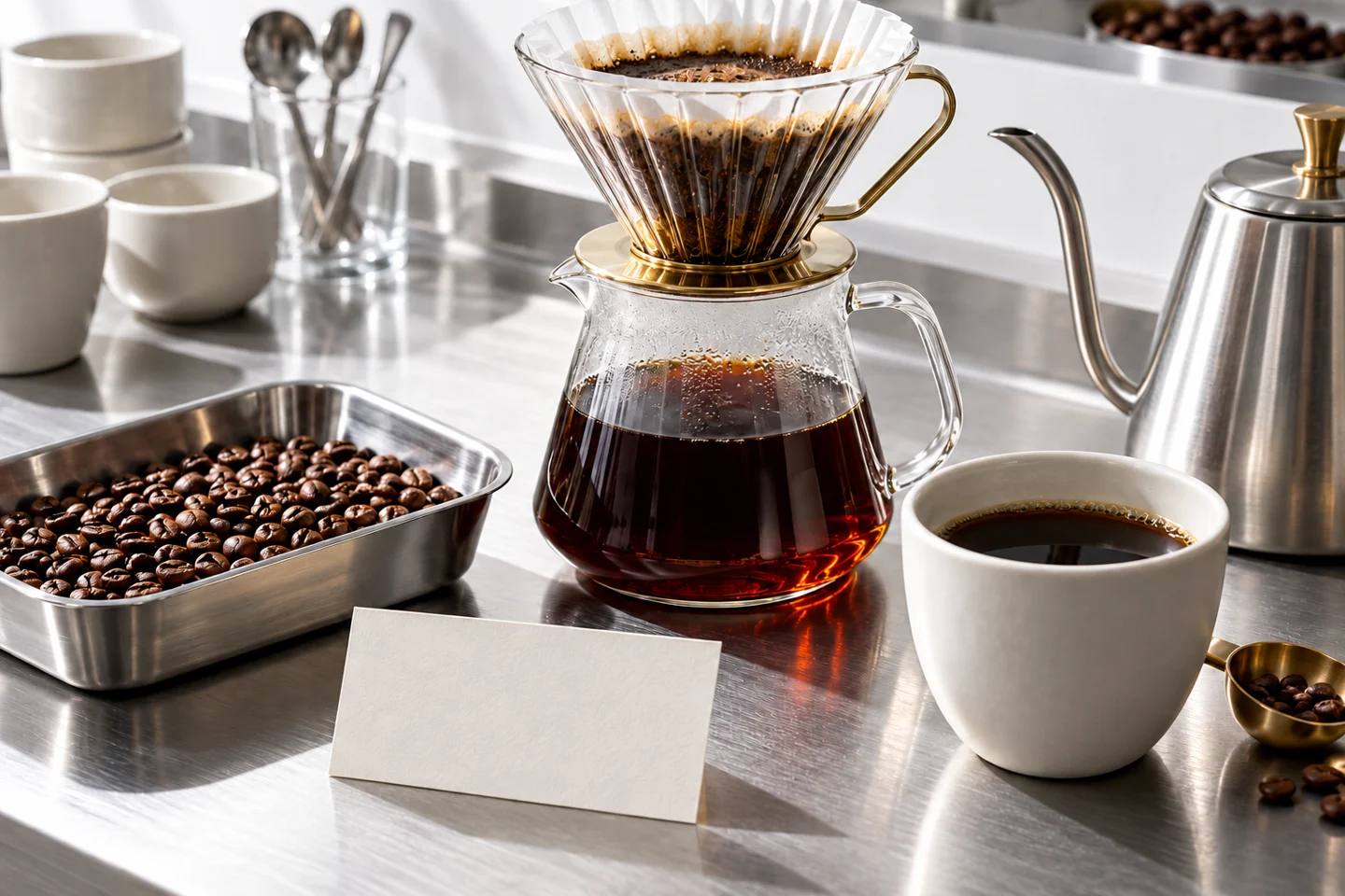 Coffee beans, pour-over preparation and a tasting cup