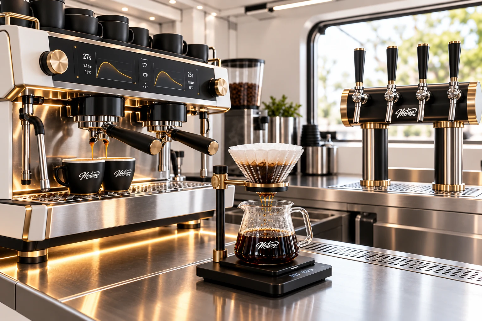 Concept of customer-facing espresso equipment, a pour-over station and four draft taps