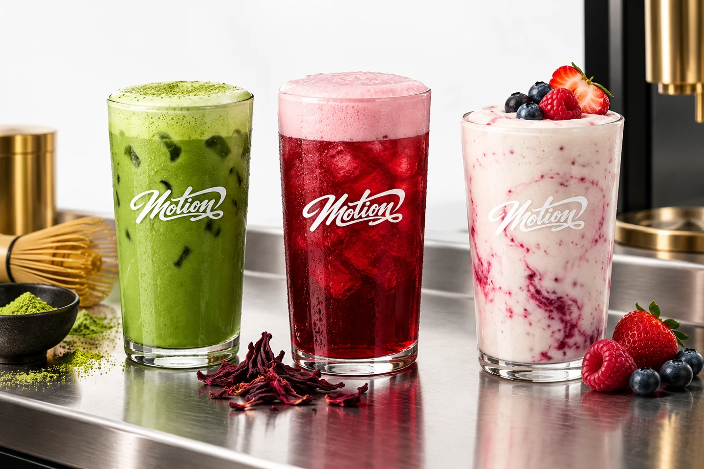 Matcha latte, hibiscus nitro tea and a yogurt smoothie