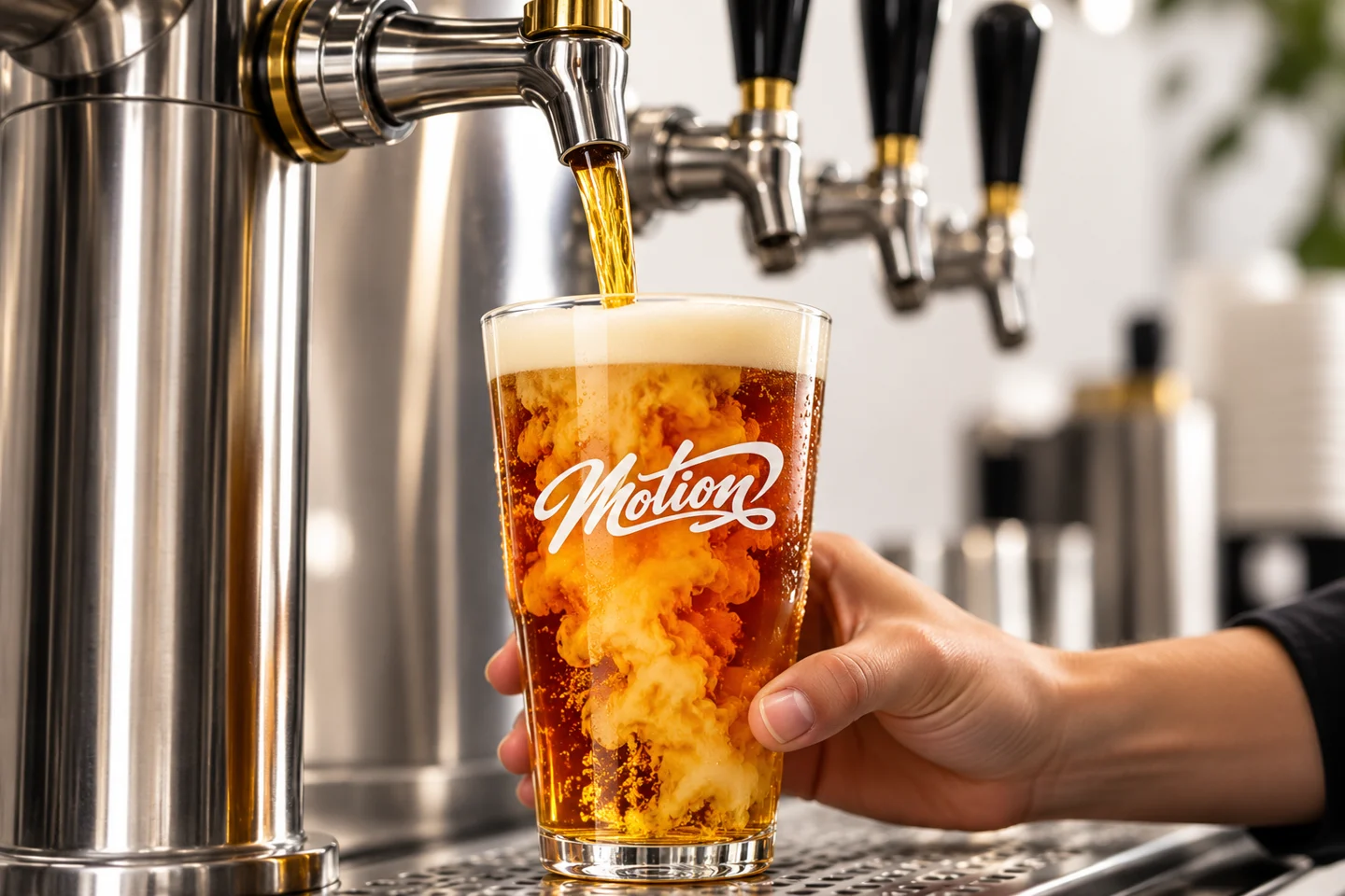 Nitro tea being poured from a stainless draft tap