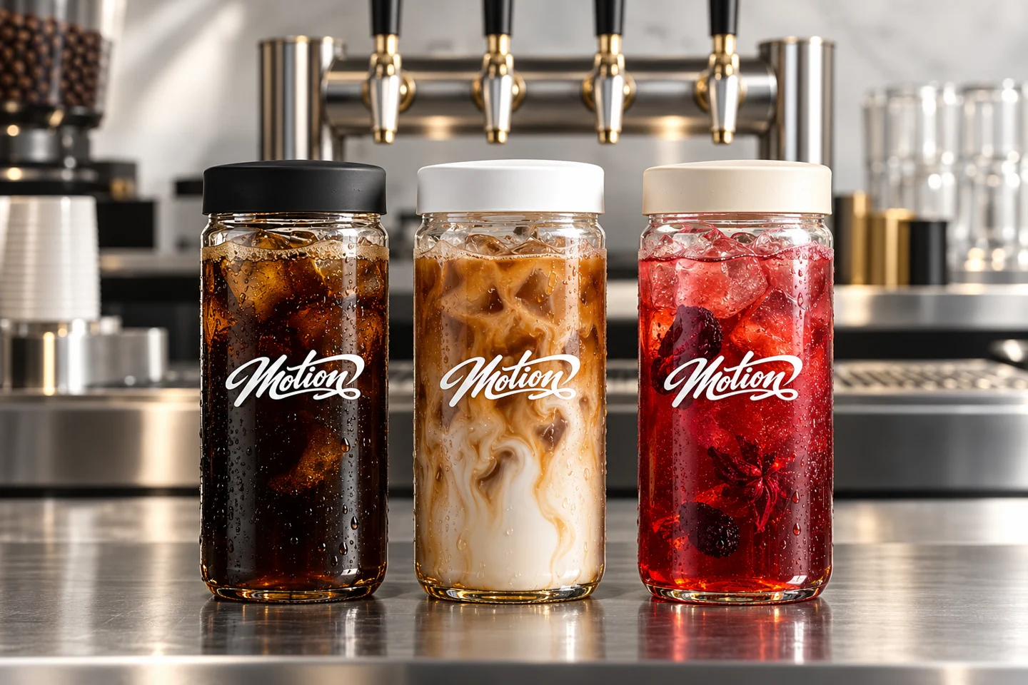 Motion clear beverage can concepts with black, white and cream silicone tops beside draft equipment